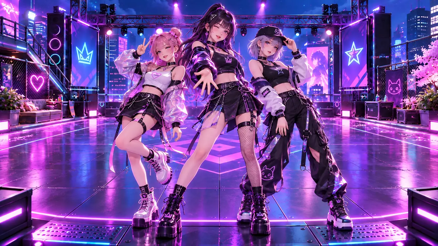 Três dançarinas em um palco neon noturno do LoveSync